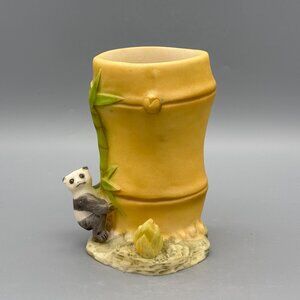 Vintage Bamboo Trunk Planter with Climbing Panda Bear 6" Hand Painted Pottery